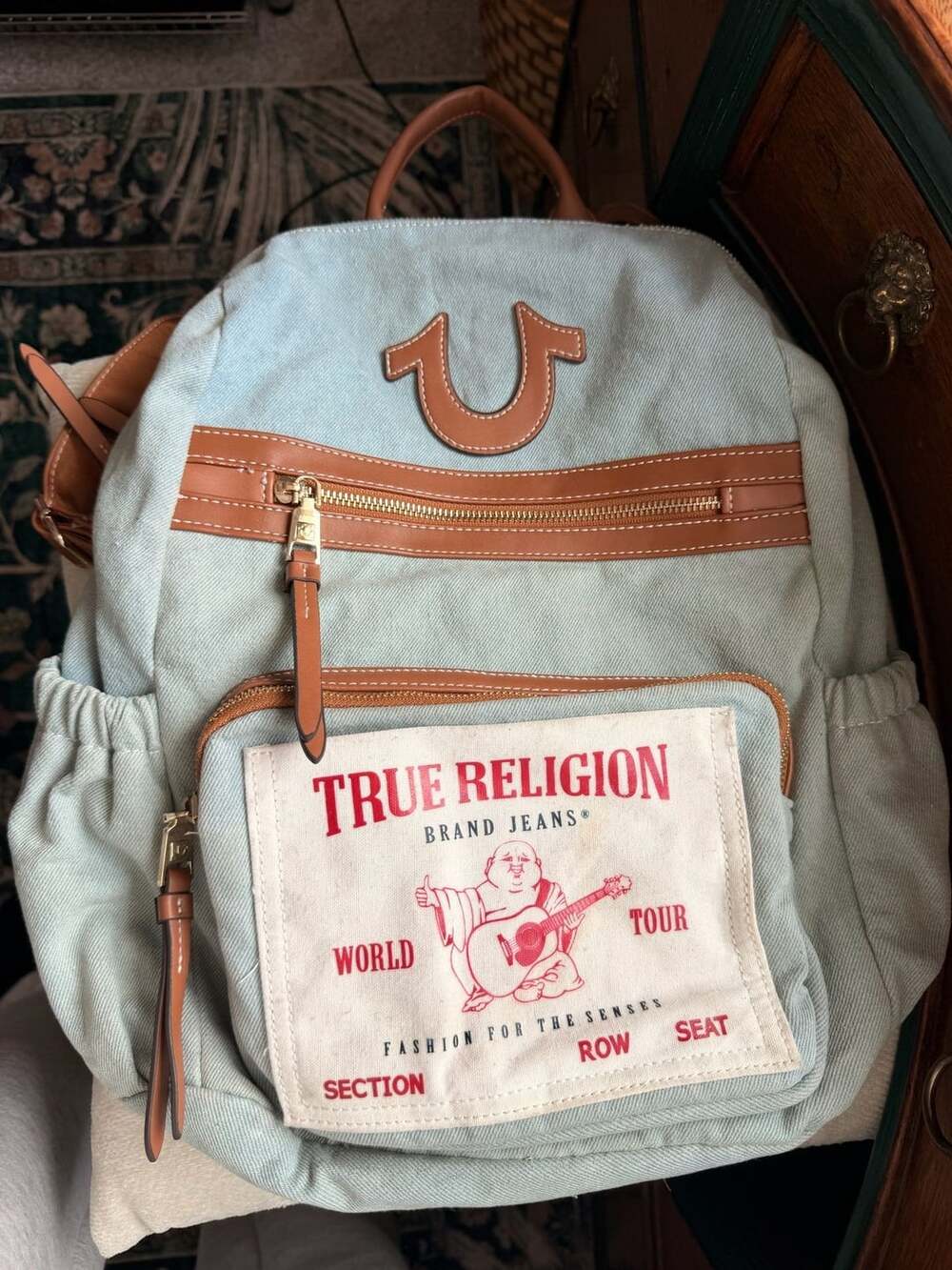 Denim Backpack True Religion Buddha Multi Pocket Light Blue Y2K Streetwear